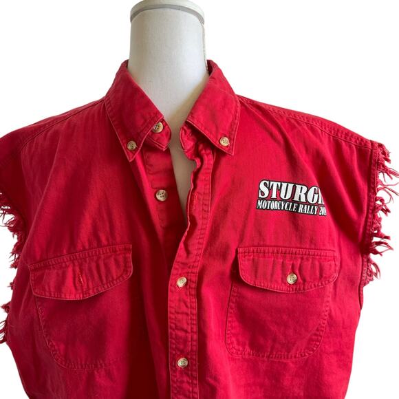 Sturgis Sleeveless Shirt Men's Size Large Red Raw Hem 2019 Motorcycle Rally - Picture 2 of 13
